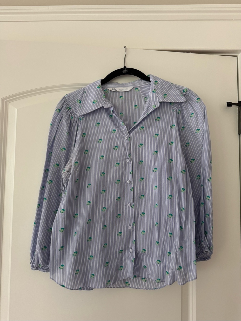 Zara Blue Striped Button-Up Blouse with Green Floral Print. Size medium